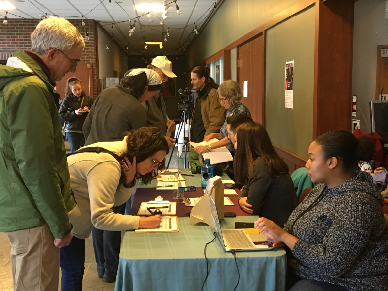 Community members gather at the McCarthy Arts Center at Saint Michael's College for one of three Veterans Town Halls held on Sunday.