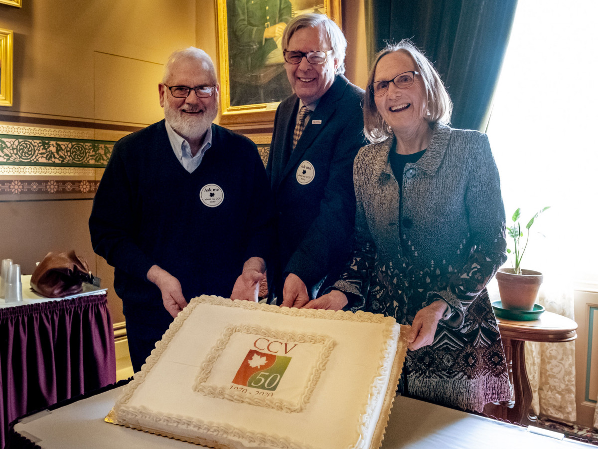 Former CCV president and VSC chancellor Tim Donovan, founding CCV president Peter Smith, and current CCV president Joyce Judy at CCV's 50th birthday party Wednesday at the State House.