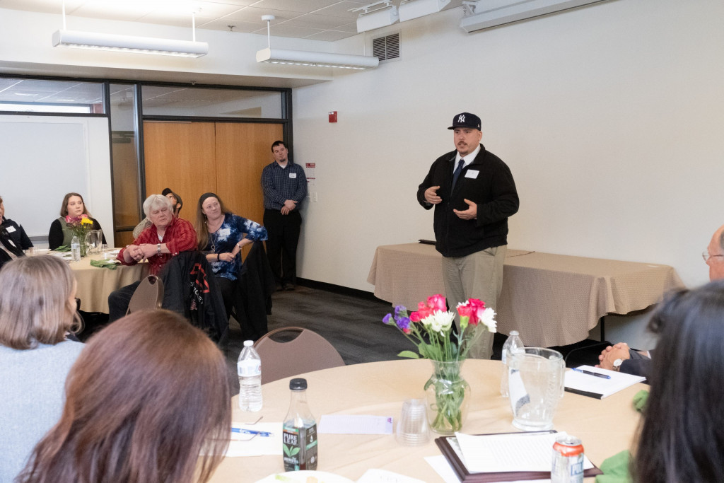 T.K. Lahey addresses peers and guests at the 2019 Leadership Scholarship Luncheon in Montpelier.