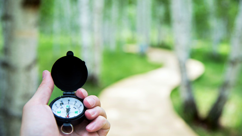 hand holding compass while looking down a path that represents the admissions process